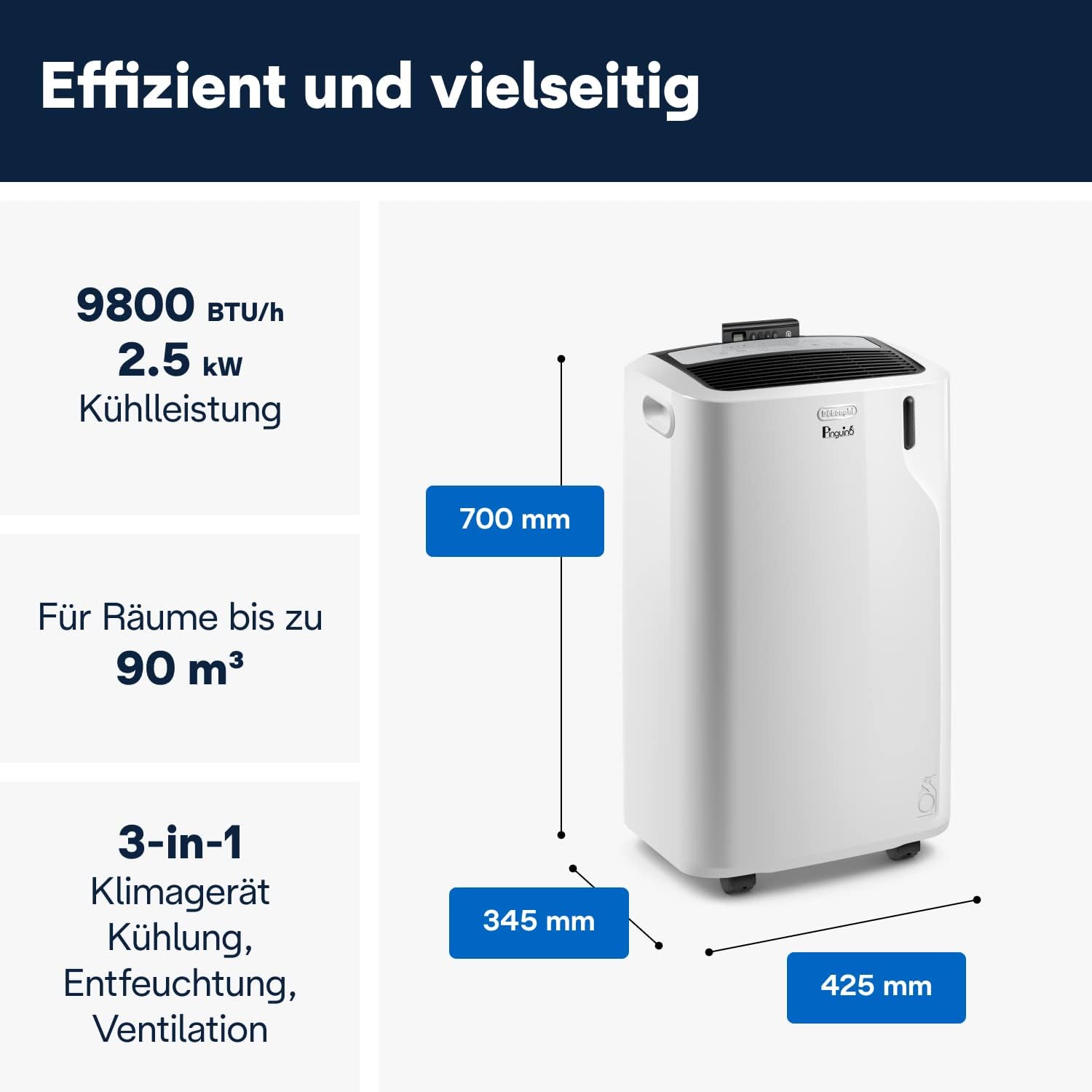 De'Longhi Pinguino Mobile Air Conditioner, for Rooms up to 29 m², with Dehumidifier & Fan, 9800 BTU, Quiet Operation, Remote Control, 24-Hour Timer, Energy Efficiency Class A (PACEM90)