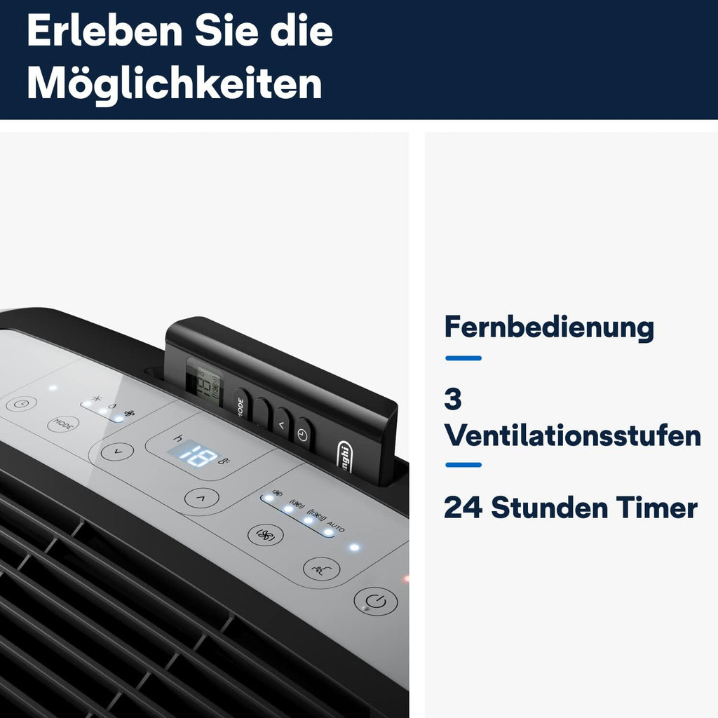De'Longhi Pinguino Mobile Air Conditioner, for Rooms up to 29 m², with Dehumidifier & Fan, 9800 BTU, Quiet Operation, Remote Control, 24-Hour Timer, Energy Efficiency Class A (PACEM90)