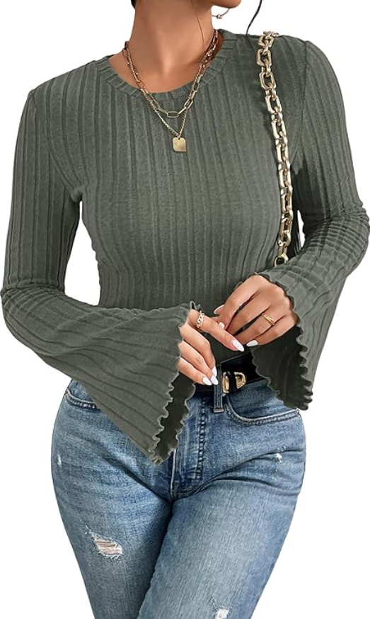 Womens Pullover Lightweight Sweater Shirts for Women Bell Long Sleeve Tops Going Out Knitted Fall