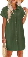 Summer Dresses for Women 2025 Cotton Button Down Short Sleeve Tshirt Dresses Casual Mini Beach Dress